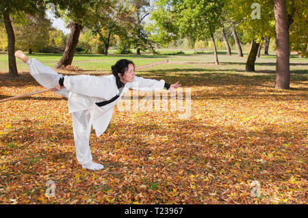 Female martial arts master practicing in autumn coloured park. Stock Photo