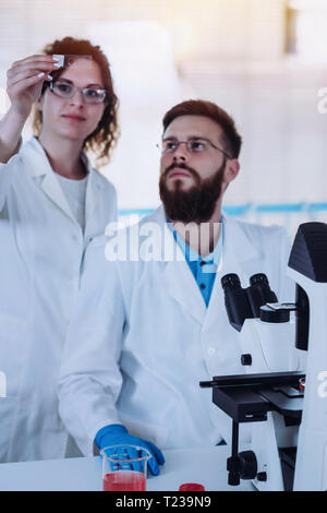 Young students observing slide in laboratory. Stock Photo