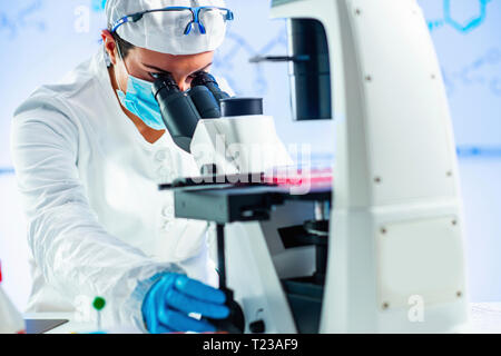 Biology researcher looking through microscope. Stock Photo