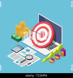 Flat 3d isometric target with arrow hit the center on laptop with business data analysis. Target audience and business strategy concept. Stock Vector