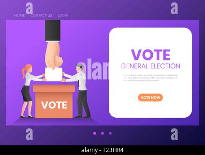 Web banner business people putting ballot paper into voting box. Elections and voting landing page concept. Stock Vector