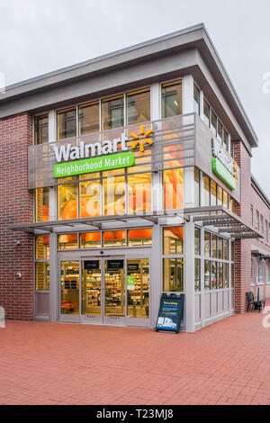 entrance to a Walmart neighborhood market in Bentonville AR, home town of the Walmart corporation head office Stock Photo