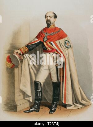 Caballero en traje de ceremonia y con la Gran Cruz de la Real y Militar Orden de San Fernando, conocida también como Laureada de San Fernando. La más precidada condecoración militar del Reino de España. Cromolitografía. Historia de las Ordenes de Caballería y de las Condecoraciones Españolas. Madrid, 1865. España. Biblioteca Histórico Militar de Barcelona, Cataluña, España. Stock Photo