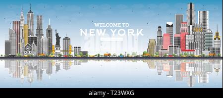 Welcome to New York USA Skyline with Gray Buildings, Blue Sky and Reflections. Vector Illustration. Travel and Tourism Concept. Stock Vector
