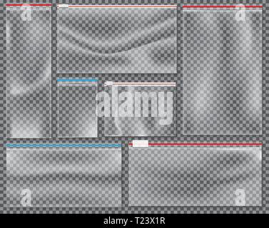 Transparent Nylon Bag with Lock or Zip. Vector Illustration. Set of Isolated Sealed Polythene Packs. Stock Vector