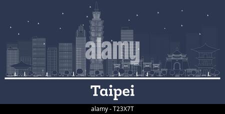 Outline Taipei Taiwan Republic City Skyline with White Buildings. Vector Illustration. Business Travel and Concept with Modern Architecture. Stock Vector