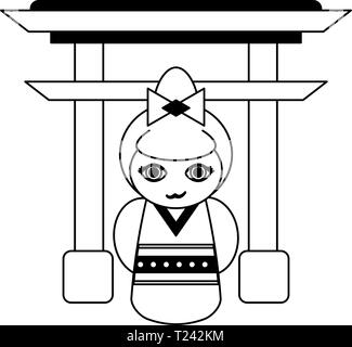 Japanese girl on arch symbol black and white Stock Vector