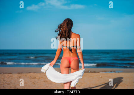 Rear view of young woman wearing tanga bikini on the beach Stock Photo