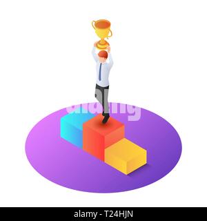 3d isometric businessman raise up winner trophy on pedestal. Business success and winner concept with copy space for your text can use for web banner, Stock Vector