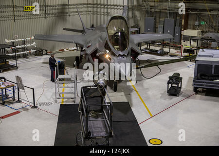 A U.S. Marine Corps F-35B from Air Test and Evaluation Squadron (VX) 23, Naval Air Station Patuxent River, Maryland, undergoes a ground test of an improved probe light assembly in an Edwards Air Force Base, California, hangar Feb. 28, 2019. The F-35 program recently completed testing on an improved lighting assembly with the KC-135 Stratotanker that will enable the Navy and Marine Corps F-35 variants to refuel behind the tanker at night. Flight testing of the redesigned light, which attaches to a refueling probe, was led by the F-35 Pax River Integrated Test Force and supported by Edwards AFB. Stock Photo