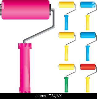 Set of paint roller brushes with variations of colors: pink, blue, yellow and red, part 1, vector illustration Stock Vector