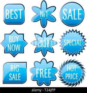 Set of blue shiny colorful glass buttons, vector illustration Stock Vector