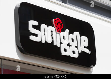 Smiggle Store white, red and black logo above stores front entrance Canterbury Kent United Kingdom. Stock Photo
