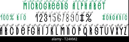 Microgreens alphabet. Letters and numbers with young leaves for packaging, site, cards. Seed or living microgreens packaging design Stock Vector