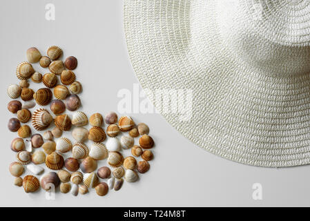 Minimalistic summer decoration created from seashells forming a full heart and straw sun hat on white background. Stock Photo