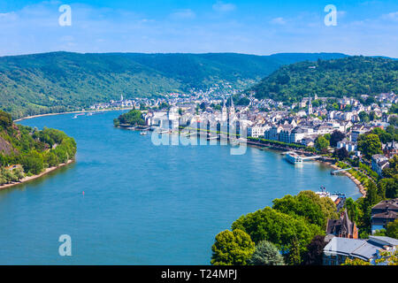 Boppard town aerial panoramic view from Gedeonseck viewpoint. Boppard is the town in the Rhine valley in Germany. Stock Photo