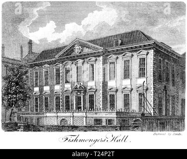 An engraving of Fishmongers Hall, London UK scanned at high resolution from a book published in 1814. Believed copyright free. Stock Photo