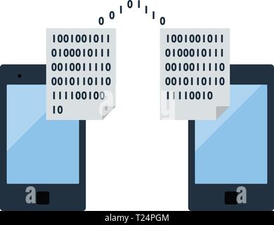 Exchanging Data Icon. Two Smartphones Exchanging Binary Code. Flat color design. Data series. Vector illustration. Stock Vector
