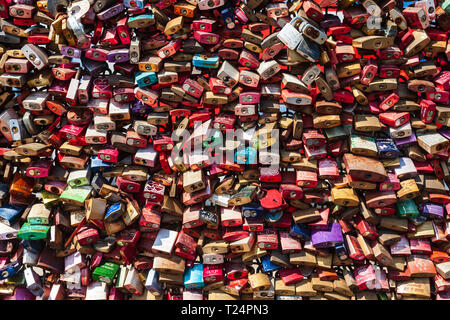Wedding locks at the Hohenzollern Bridge in Cologne, Germany Stock Photo