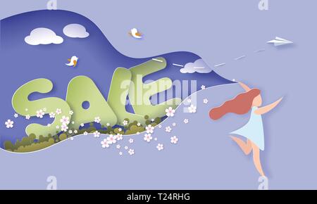 Happy Sale Spring illustration. Paper cut girl running cutout blue sky for spring landscape. Horizontal format design. Vector illustration. Stock Vector