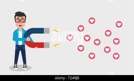 Young man attracting hearts with a magnet. Popularity on social networks. Influencer.Social media marketing concept.Guy holding magnet dragging hearts Stock Vector