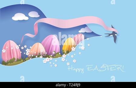 Happy Easter Spring illustration. Paper cut bird swallow flying with ribbon bow cutout sky for spring landscape with big Easter egg. Vector Stock Vector