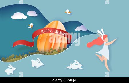 Happy Easter. Paper cut girl running cutout blue sky for spring landscape with big Easter egg and rabbits. Vector paper desing illustration Stock Vector