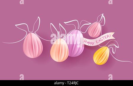 Happy Easter card. Easter paper eggs with rabbit ears on pink background. Vector paper desing illustration. Continuous one line style. Stock Vector
