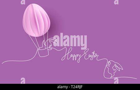 Happy Easter card. Cute hand drawn rabbits with air balloon shaped as eggs. Vector paper desing illustration. Continuous one line style. Stock Vector