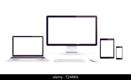 Isolated responsive devices with blank displays for app or web page promotion. Stock Photo