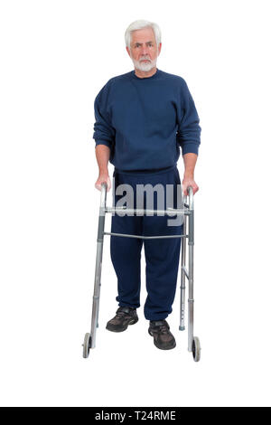 Vertical shot of a healthy elderly man with a serious expression on his face using his walker.  Isolated on white. Stock Photo