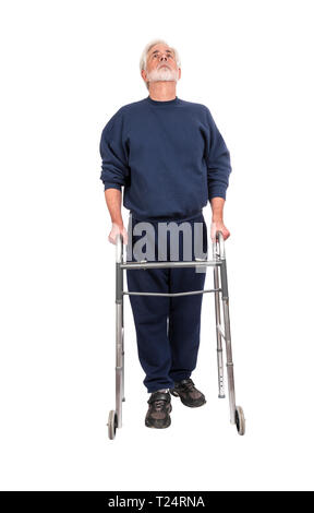 Vertical shot of an older man with walker looking up isolated on white. Stock Photo