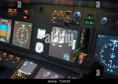 Cockpit of a Boeing 737 flight simulator in Moenchengladbach, Germany Stock Photo