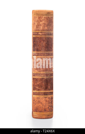 Old leather book spine. Isolated on white, clipping path included Stock Photo