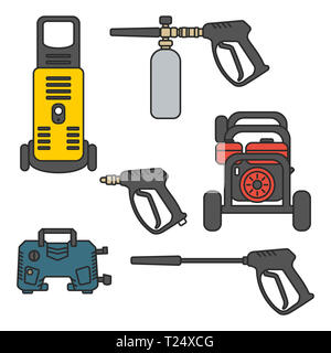 set of vector illustration pressure washer machine electric with spray gun equipment flat design style Stock Photo