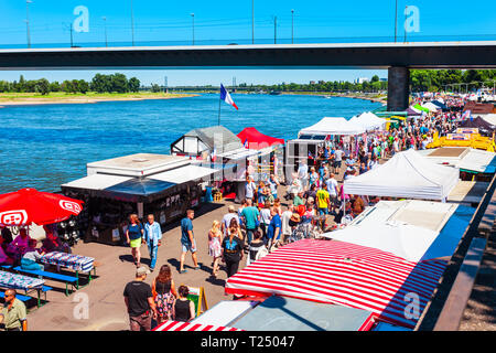 DUSSELDORF, GERMANY - JULY 01, 2018: Weekend food market in Dusseldorf city in Germany Stock Photo