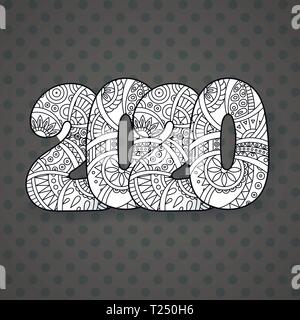 Happy New Year 2020 celebration number. Vector Xmas illustration in zentangle. Christmas background. Stock Vector