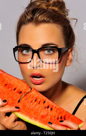 attractive, beauty, apetit, women mouth watermelon, food natural sweet fruit eating, consumption, one person, silhouette, clouse-up, delicious Stock Photo