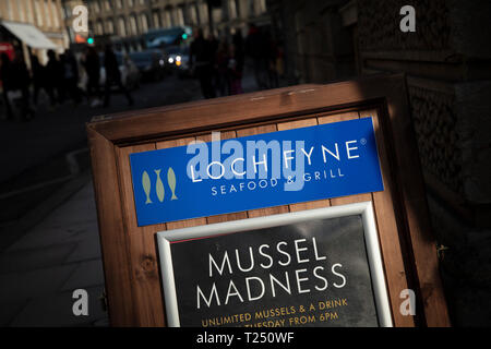 Bath, Somerset, UK, 22nd February 2019, Shop Sign for Loch Fyne seafood and grill restaurant Stock Photo