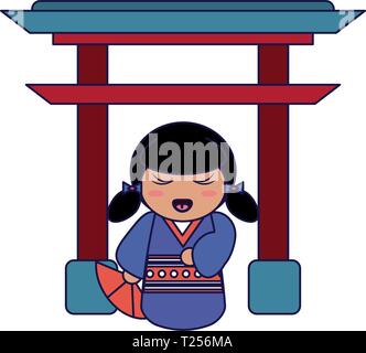 Japanese girl on arch symbol blue lines Stock Vector