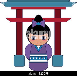 Japanese girl on arch symbol blue lines Stock Vector