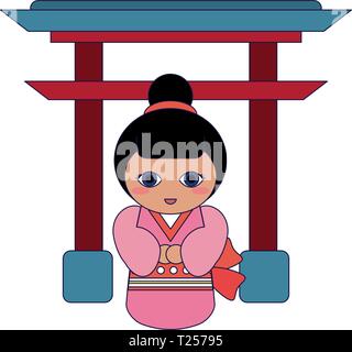 Japanese girl on arch symbol blue lines Stock Vector