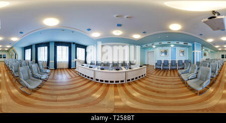 360 degree panoramic view of MINSK, BELARUS - JULY, 2016: Full spherical cube seamless 360 by 180 degrees panorama in interior of empty conference hall for business meeting in equ