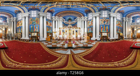 360 degree panoramic view of VITEBSK, BELARUS - OCTOBER, 2018: Full seamless panorama 360 angle degrees view inside interior of awesome orthodox church with icons near altar in eq