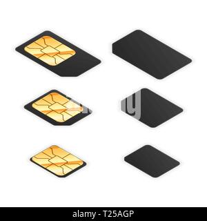Set of black standard, micro and nano sim cards for phone with golden glossy chip from both sides in isometric view isolated on white Stock Vector