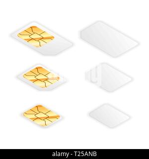 Set of blank standard, micro and nano sim cards for phone with golden glossy chip from both sides in isometric view isolated on white Stock Vector