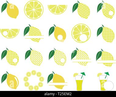 Set of whole, cut in half, sliced on pieces fresh lemons, leaves and flowers, twisted lemon peel hand drawn vector illustration Stock Vector