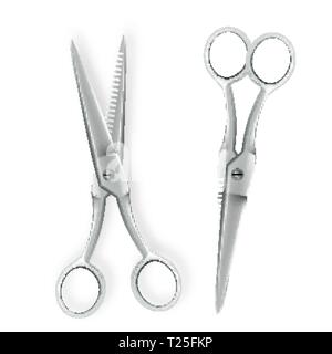 Scissor Vector. 3D Realistic Scissor Icon. Hairdresser Symbol. Opened And Closed. Metal Handles. Illustration Stock Vector