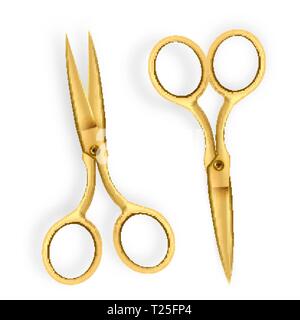 Scissor Vector. 3D Realistic Scissor Icon. Grand Opening Ceremony Gold Cutter Equipment. For Cutting Ribbon. Illustration Stock Vector