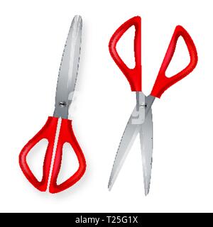 Scissor Vector. 3D Realistic Scissor Icon. Plastic Handles. Opened And Closed. Paper Cut. School, Office Object. Illustration Stock Vector